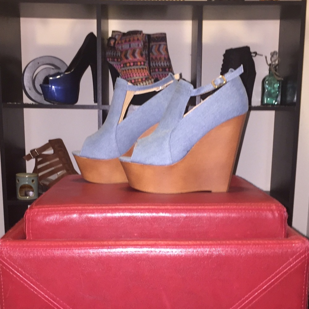 *NEW* Denim, peep toe, wedge with a buckle